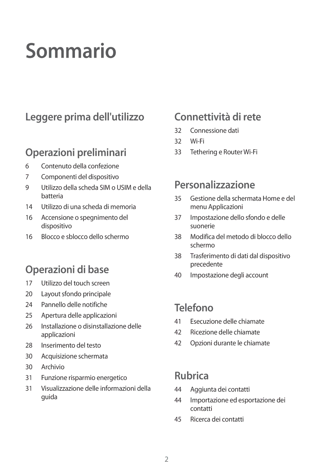 Samsung SM-G360FZSAAUT, SM-G360FZWAWIN, SM-G360FHAATIM manual Sommario, Leggere prima dellutilizzo Operazioni preliminari 