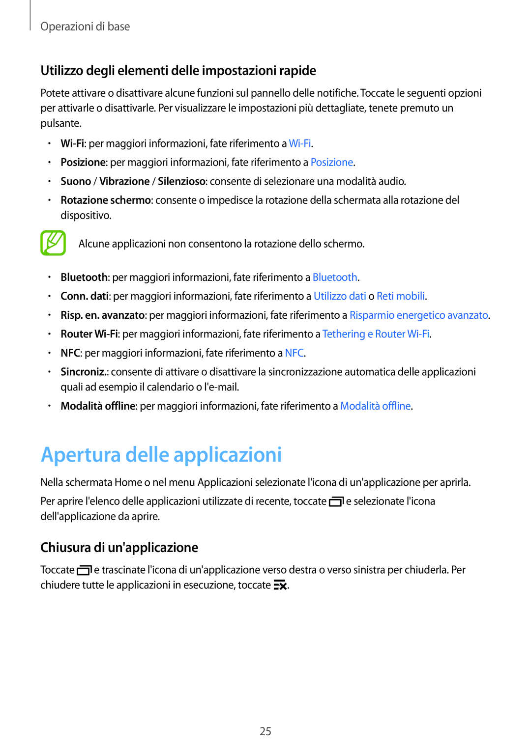 Samsung SM-G360FHAATIM, SM-G360FZWAWIN manual Apertura delle applicazioni, Utilizzo degli elementi delle impostazioni rapide 