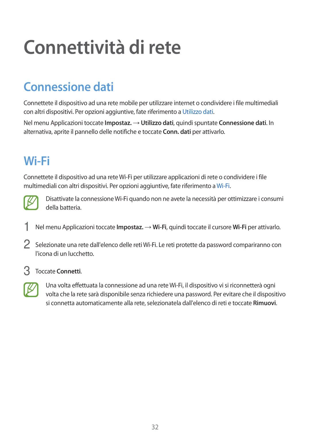 Samsung SM-G360FZSATIM, SM-G360FZWAWIN, SM-G360FHAATIM, SM-G360FZSAAUT manual Connettività di rete, Connessione dati, Wi-Fi 