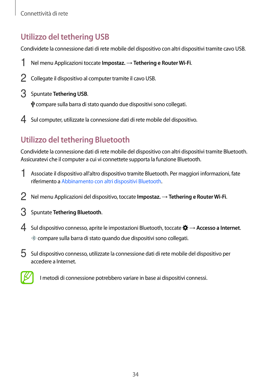 Samsung SM-G360FHAAOMN manual Utilizzo del tethering USB, Utilizzo del tethering Bluetooth, Spuntate Tethering USB 