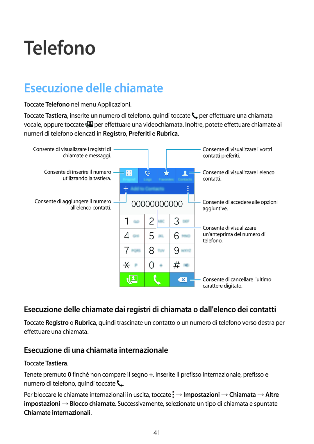 Samsung SM-G360FZWAPRT, SM-G360FZWAWIN manual Telefono, Esecuzione delle chiamate, Esecuzione di una chiamata internazionale 