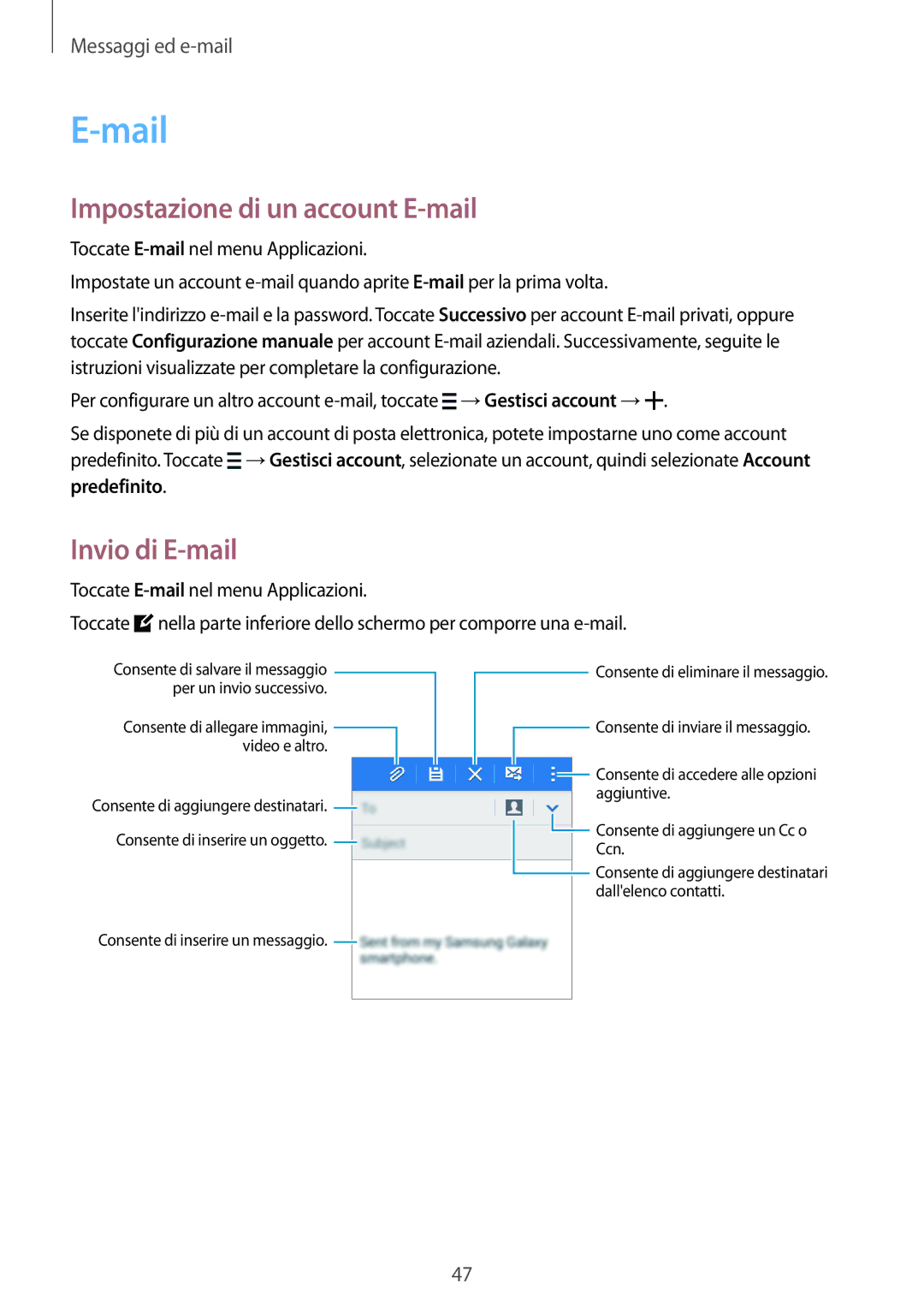 Samsung SM-G360FZWAITV, SM-G360FZWAWIN, SM-G360FHAATIM manual Mail, Impostazione di un account E-mail, Invio di E-mail 