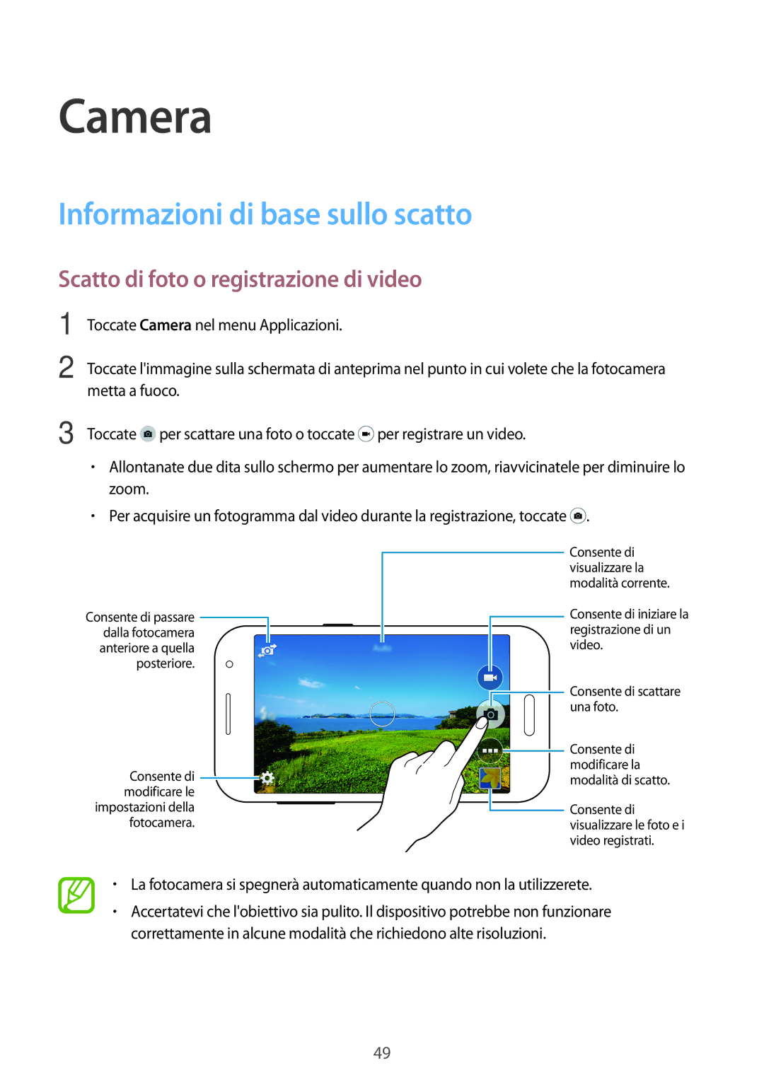 Samsung SM-G360FHAATIM, SM-G360FZWAWIN Camera, Informazioni di base sullo scatto, Scatto di foto o registrazione di video 