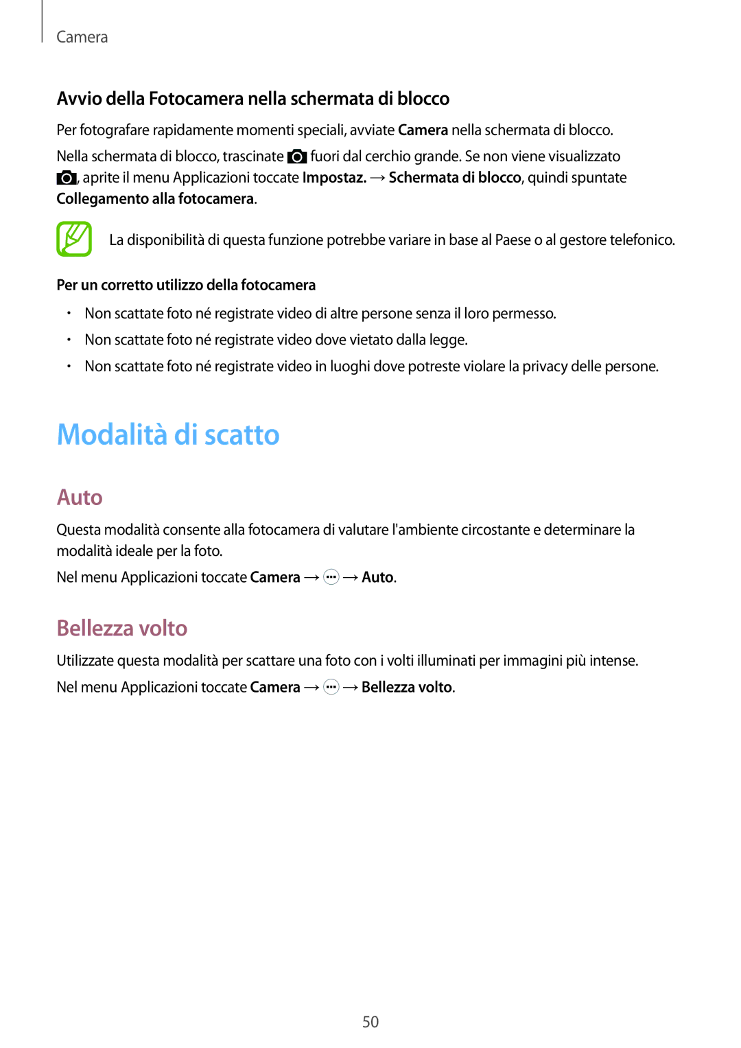 Samsung SM-G360FZSAAUT manual Modalità di scatto, Auto, Bellezza volto, Avvio della Fotocamera nella schermata di blocco 
