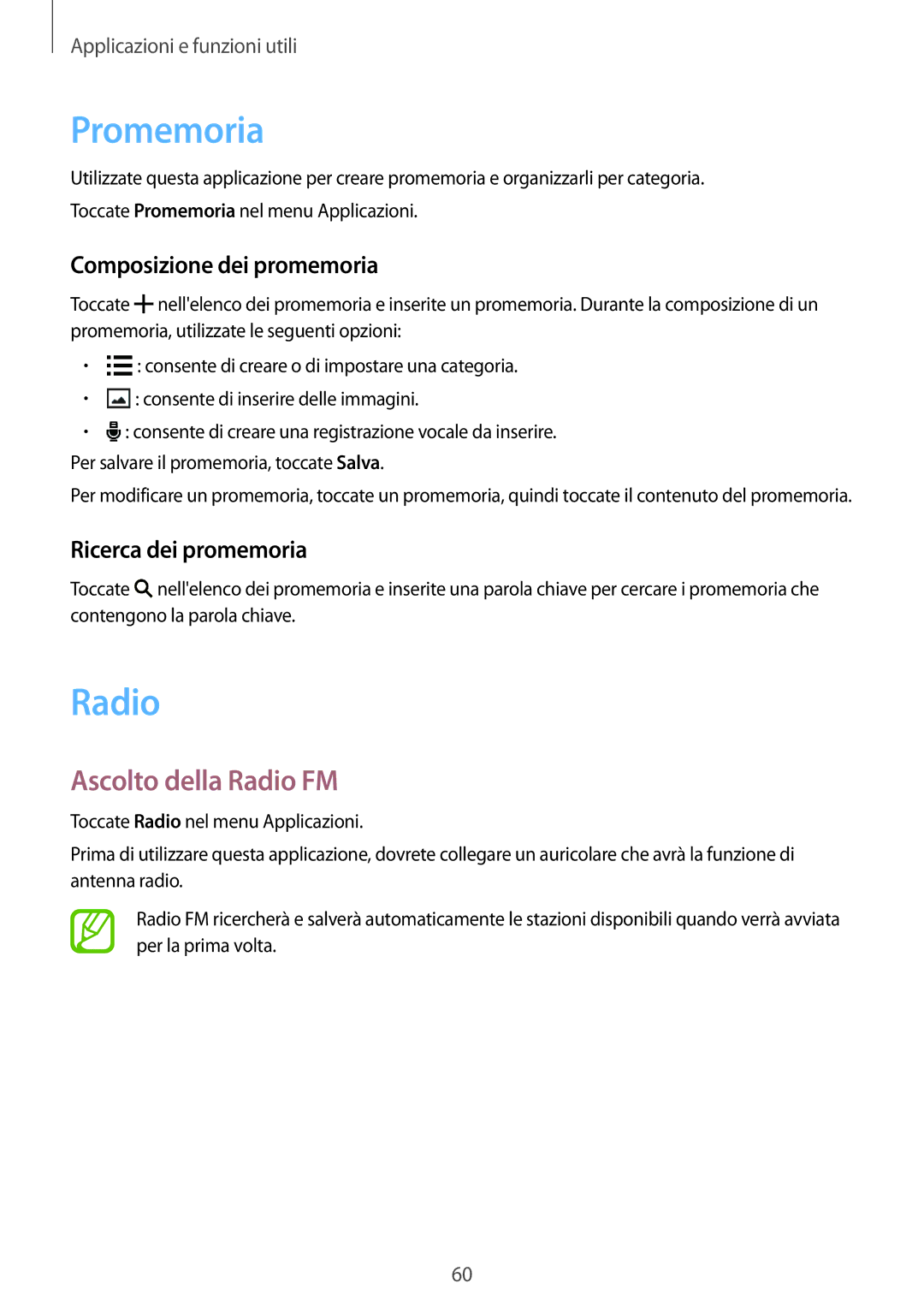 Samsung SM-G360FZWAWIN manual Promemoria, Ascolto della Radio FM, Composizione dei promemoria, Ricerca dei promemoria 