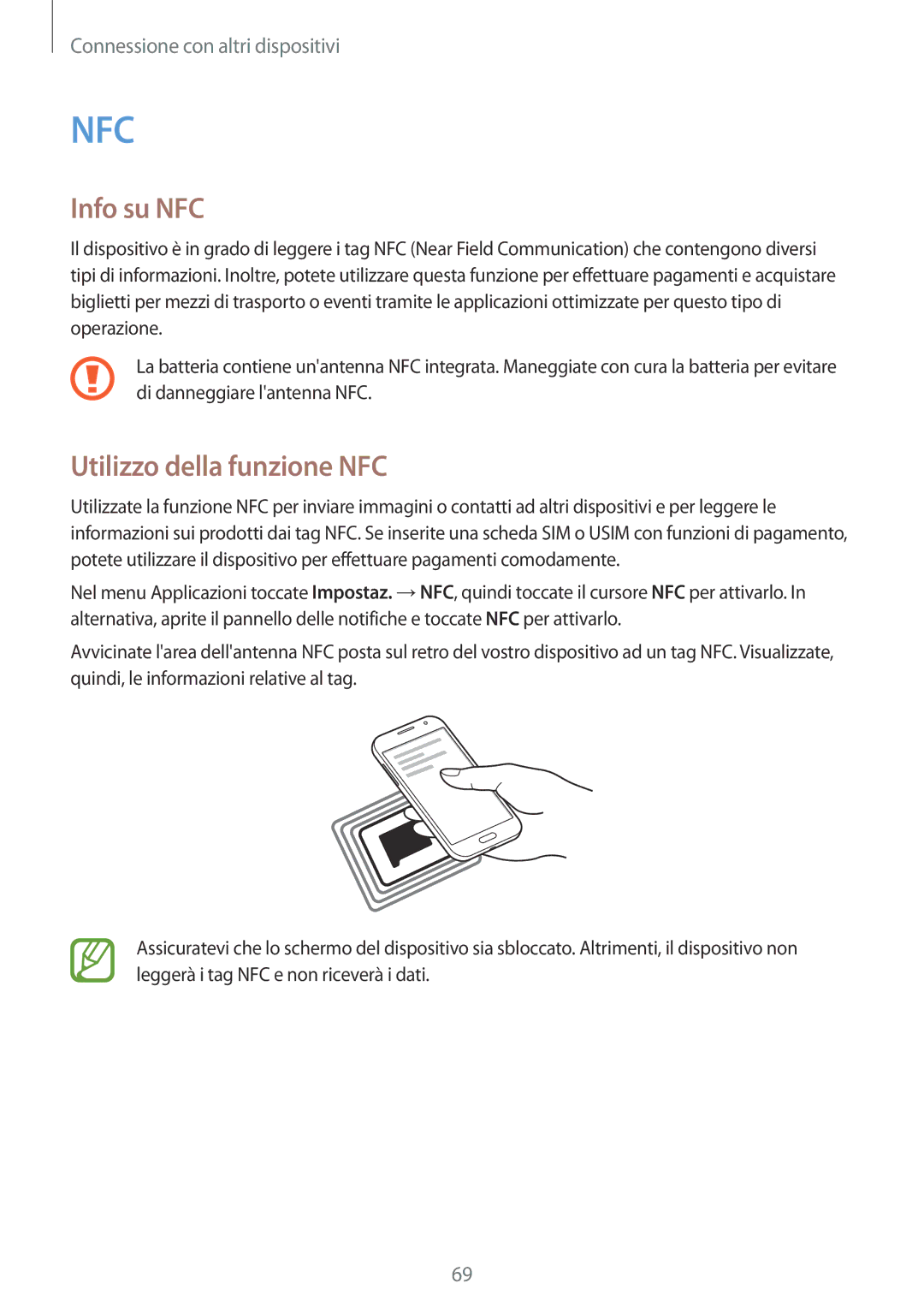 Samsung SM-G360FHAAPRT, SM-G360FZWAWIN, SM-G360FHAATIM, SM-G360FZSAAUT manual Info su NFC, Utilizzo della funzione NFC 