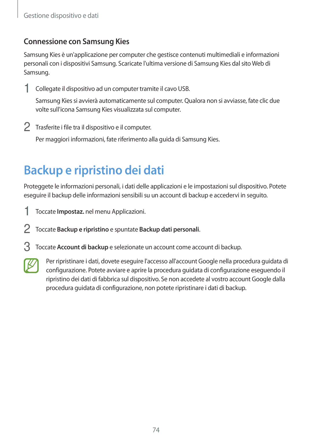 Samsung SM-G360FZSAAUT, SM-G360FZWAWIN, SM-G360FHAATIM manual Backup e ripristino dei dati, Connessione con Samsung Kies 