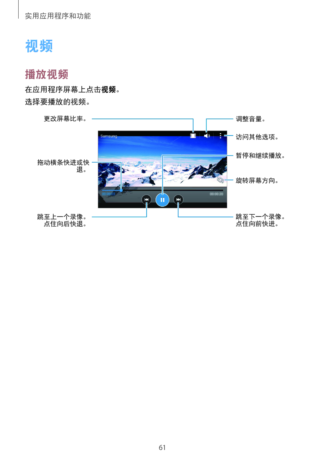 Samsung SM-G360HZWDXXV, SM-G360HHADXXV, SM-G360HZSDXXV manual 播放视频, 在应用程序屏幕上点击视频。 选择要播放的视频。 