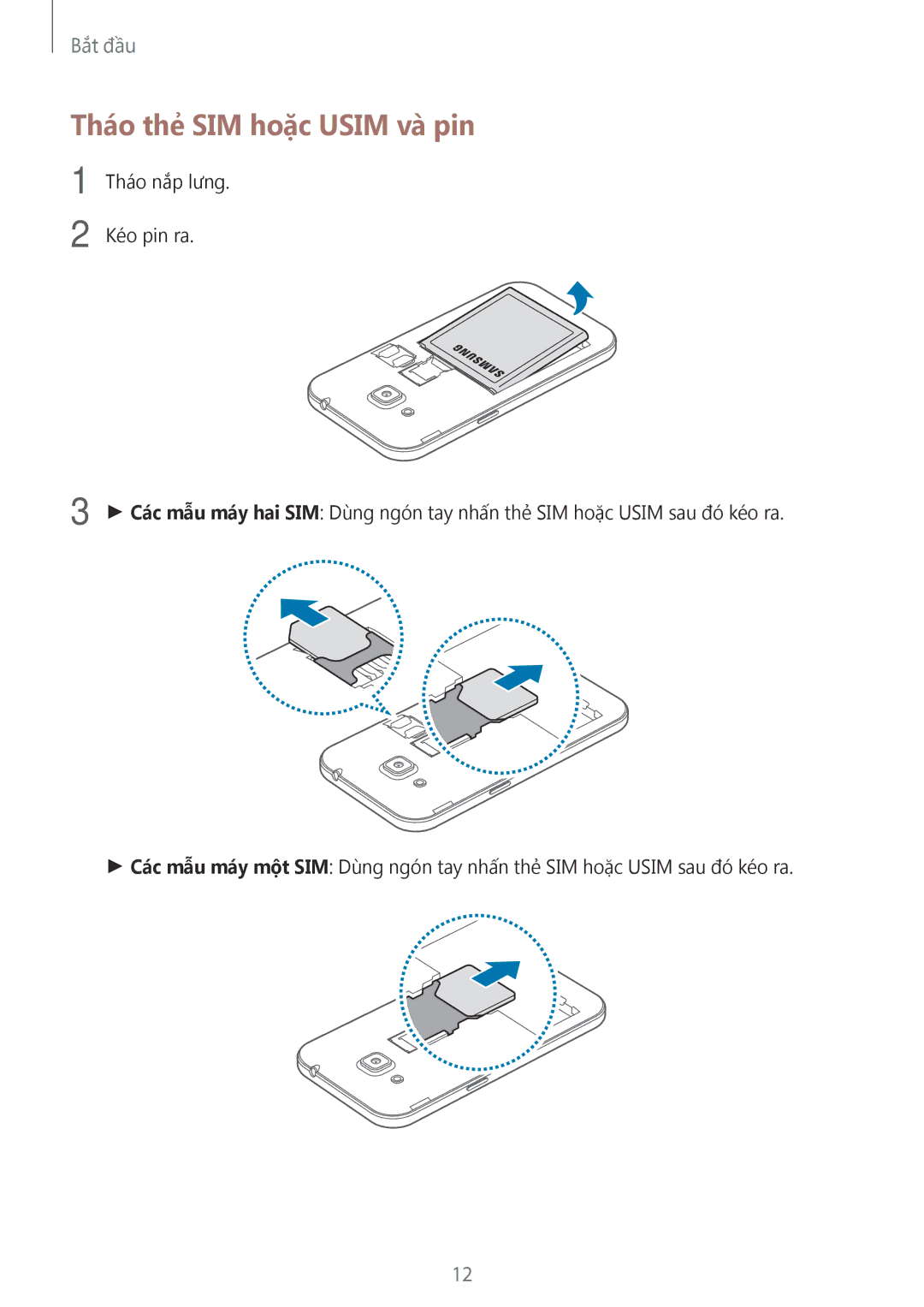 Samsung SM-G360HHADXXV, SM-G360HZWDXXV, SM-G360HZSDXXV manual Tháo thẻ SIM hoặc Usim và̀ pin 