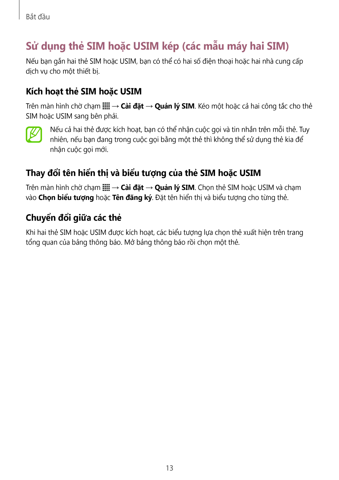 Samsung SM-G360HZWDXXV, SM-G360HHADXXV manual Sử dụng thẻ SIM hoặc Usim kép các mẫu máy hai SIM, Kích hoạt thẻ SIM hoặc Usim 