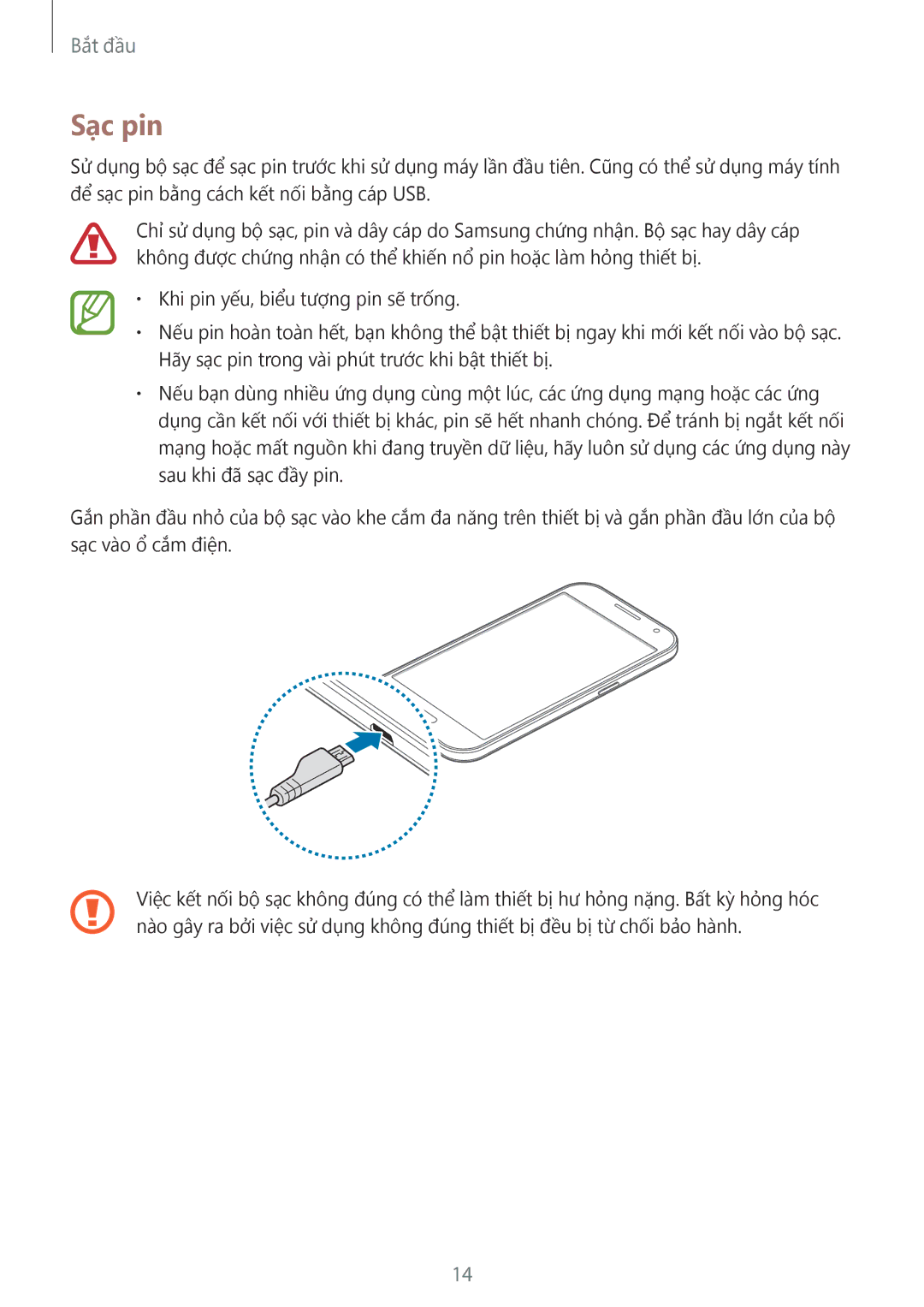 Samsung SM-G360HZSDXXV, SM-G360HHADXXV, SM-G360HZWDXXV manual Sạc pin 