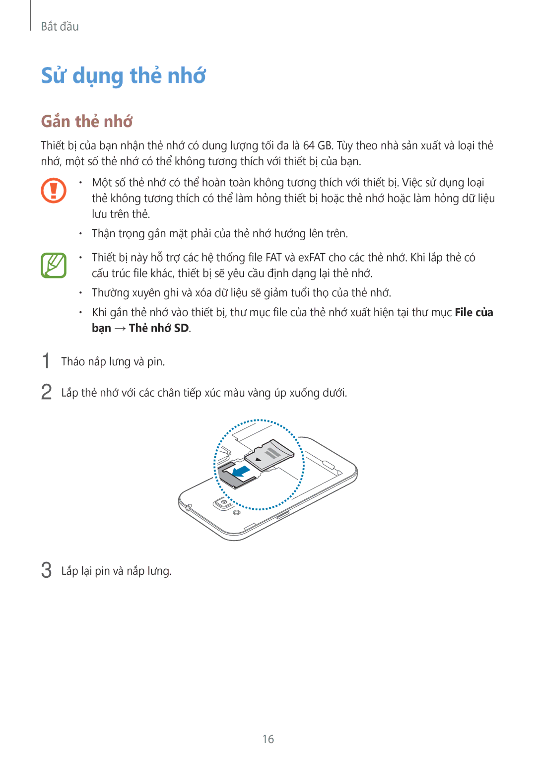 Samsung SM-G360HZWDXXV, SM-G360HHADXXV, SM-G360HZSDXXV manual Sử dụng thẻ nhớ, Gắn thẻ nhớ 