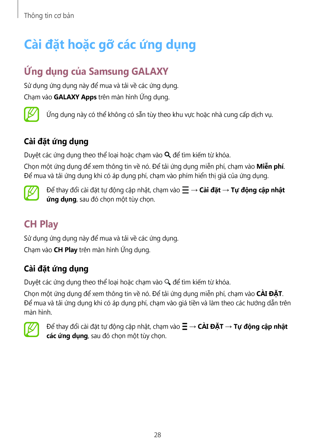 Samsung SM-G360HZWDXXV manual Cà̀i đặt hoặc gỡ các ứng dụng, Ứng dụng của Samsung Galaxy, CH Play, Cà̀i đặt ứng dụng 