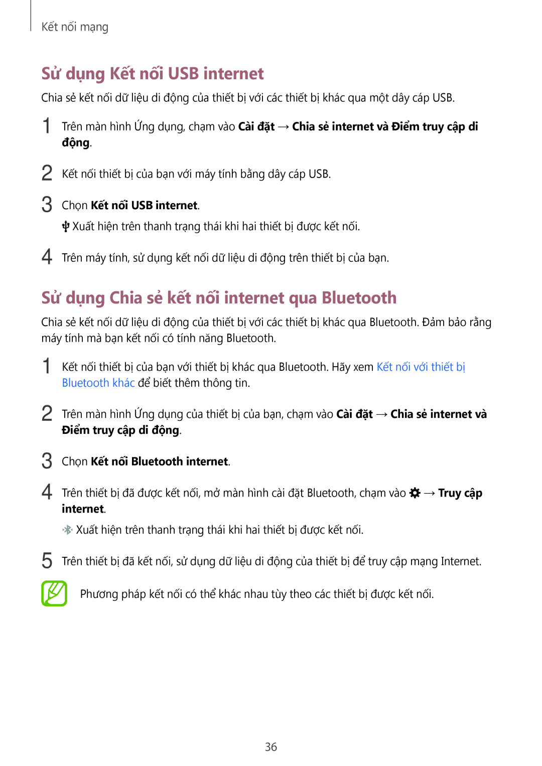 Samsung SM-G360HHADXXV, SM-G360HZWDXXV manual Sử dụng Kết nối USB internet, Sử dụng Chia sẻ kết nối internet qua Bluetooth 