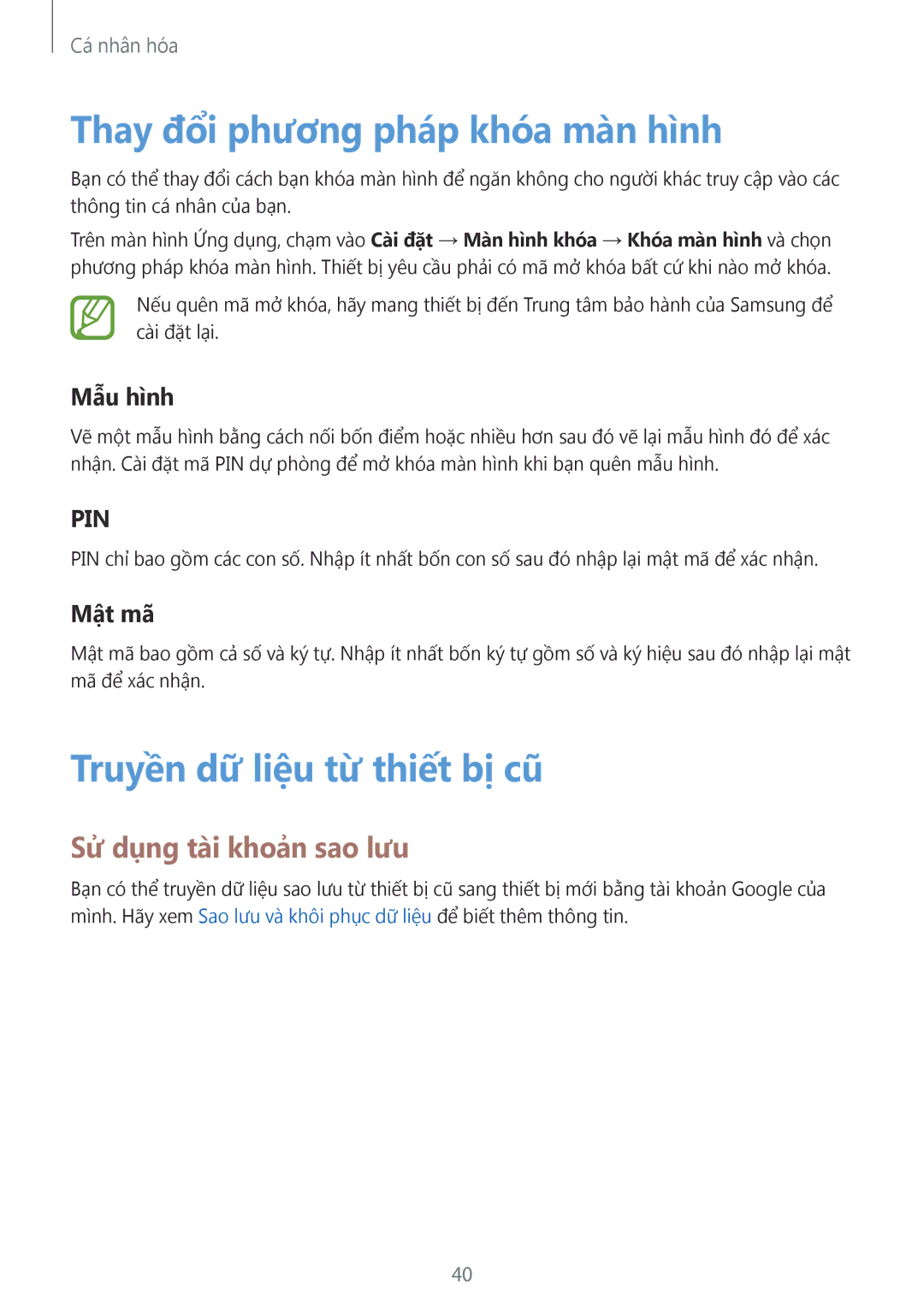 Samsung SM-G360HZWDXXV Thay đổi phương pháp khóa mà̀n hình, Truyền dữ liệu từ thiết bị cũ, Sử dụng tà̀i khoản sao lưu 