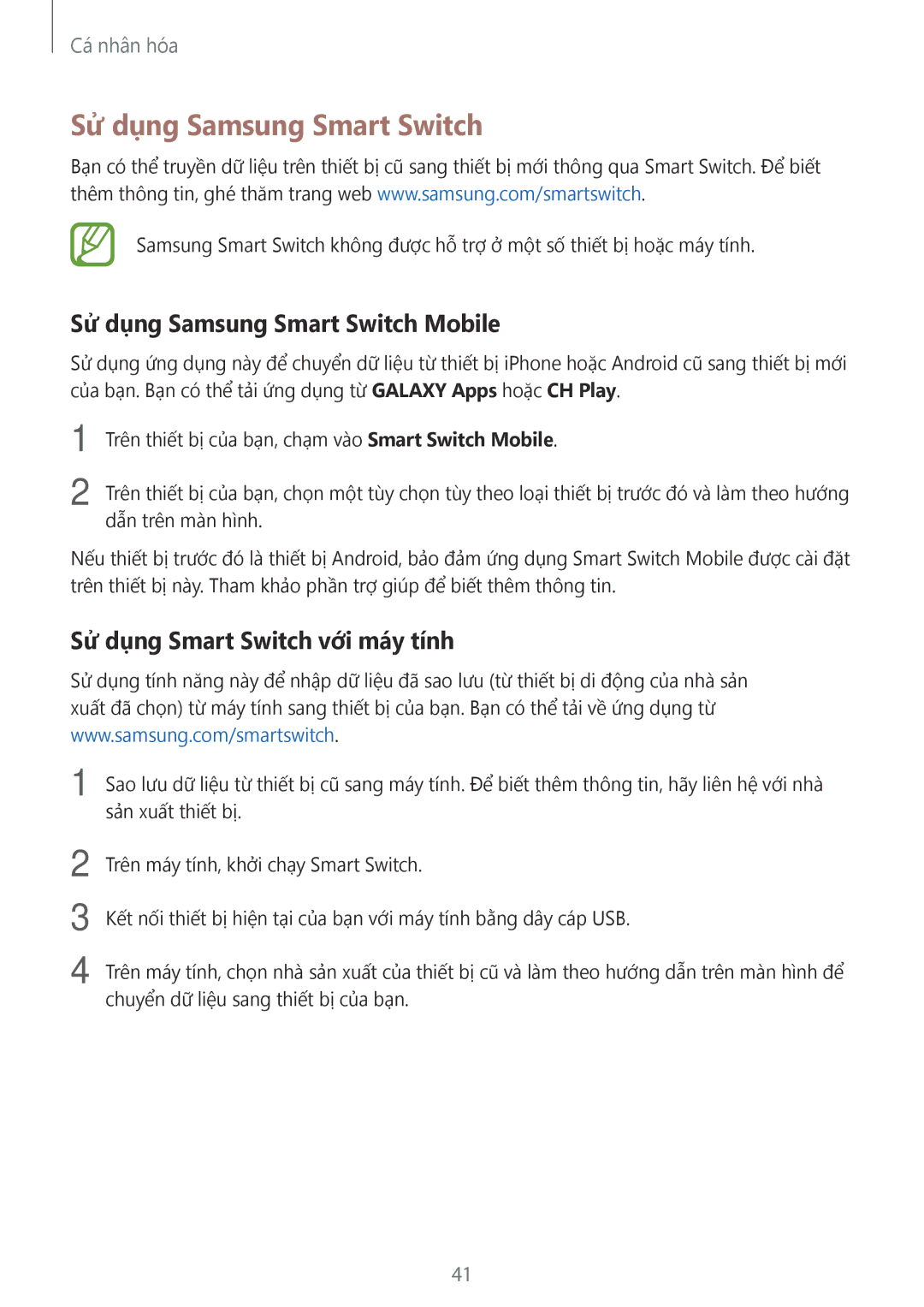 Samsung SM-G360HZSDXXV, SM-G360HHADXXV manual Sử dụng Samsung Smart Switch Mobile, Sử dụng Smart Switch với máy tính 