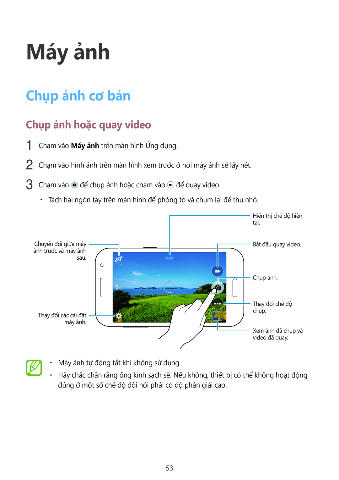 Samsung SM-G360HZSDXXV, SM-G360HHADXXV, SM-G360HZWDXXV manual Máy ảnh, Chụp ảnh cơ bản, Chụp ảnh hoặc quay video 