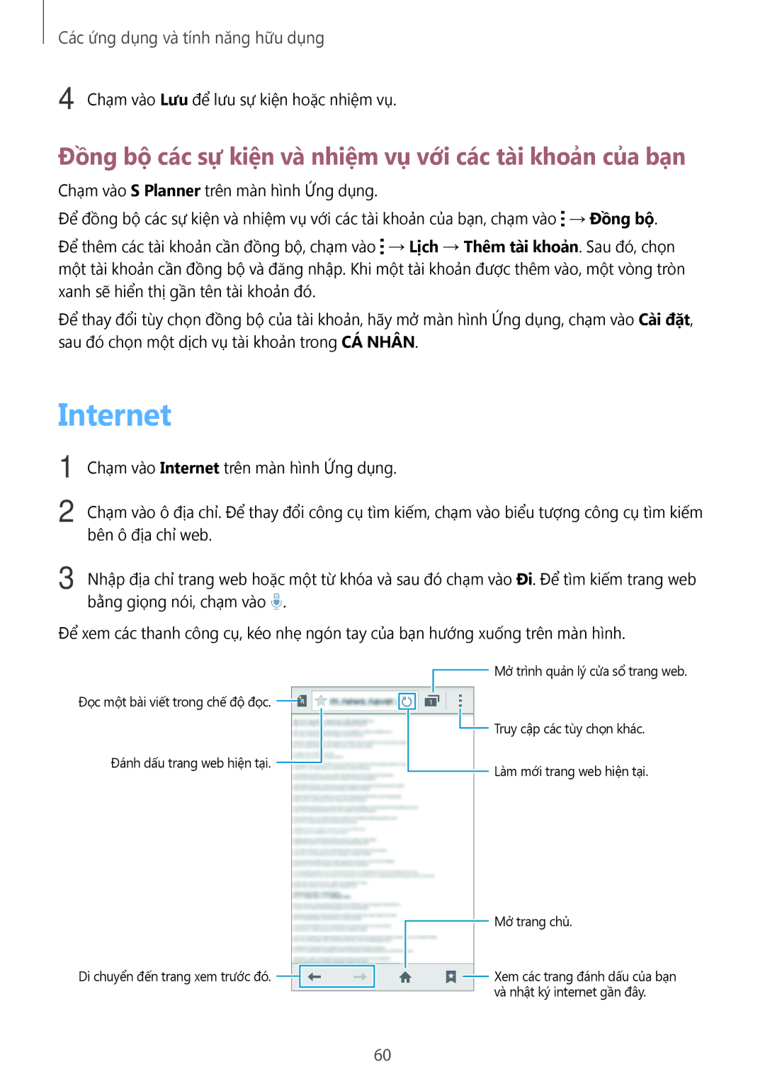 Samsung SM-G360HHADXXV, SM-G360HZWDXXV manual Internet, Đồng bộ các sự kiện và̀ nhiệm vụ với các tà̀i khoản của bạn 