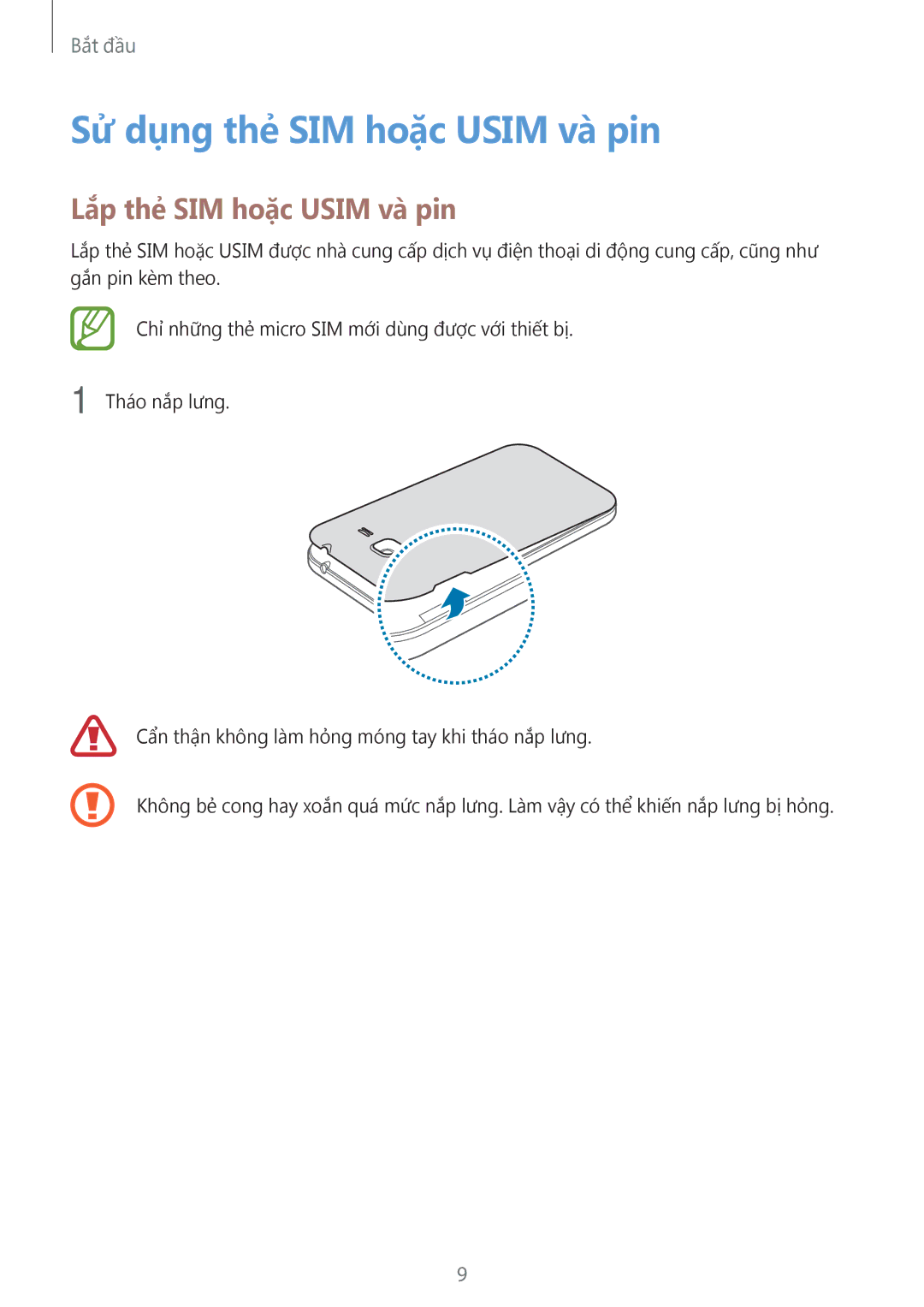 Samsung SM-G360HHADXXV, SM-G360HZWDXXV, SM-G360HZSDXXV Sử dụng thẻ SIM hoặc Usim và̀ pin, Lắp thẻ SIM hoặc Usim và̀ pin 