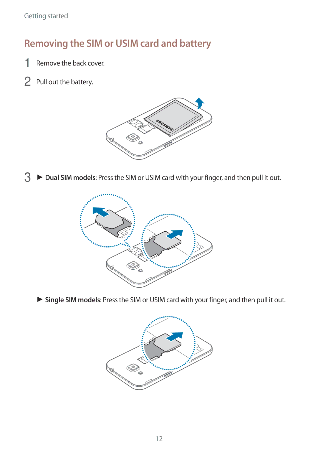 Samsung SM-G360HZSDTHR, SM-G360HZWDAFR, SM-G360HZSDKSA, SM-G360HZWDKSA manual Removing the SIM or Usim card and battery 