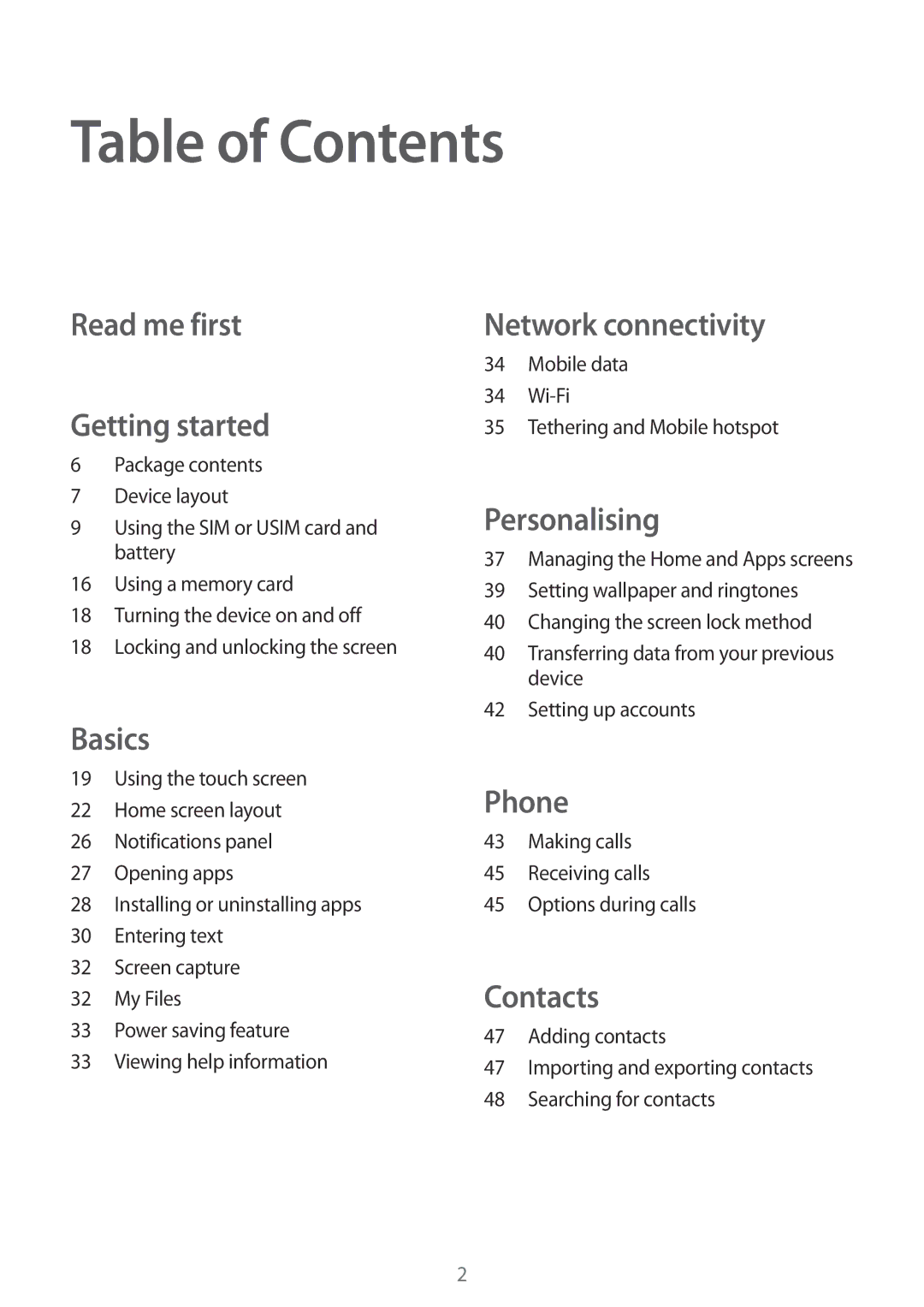 Samsung SM-G360HZWDKSA, SM-G360HZWDAFR, SM-G360HZSDKSA, SM-G360HZWDXSG, SM-G360HHADAFR, SM-G360HHADEGY manual Table of Contents 