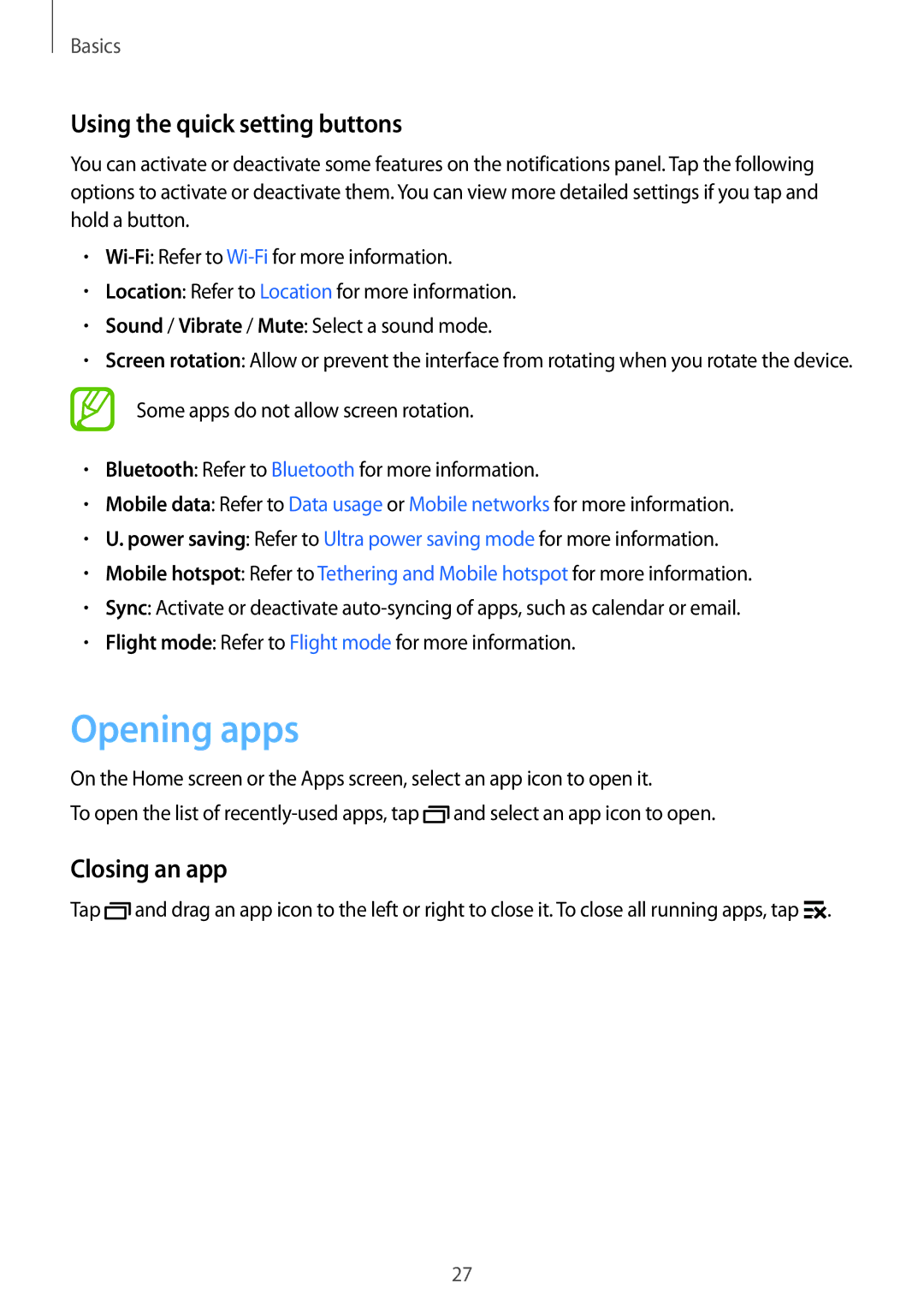 Samsung SM-G360HZWDTHR, SM-G360HZWDAFR, SM-G360HZSDKSA manual Opening apps, Using the quick setting buttons, Closing an app 