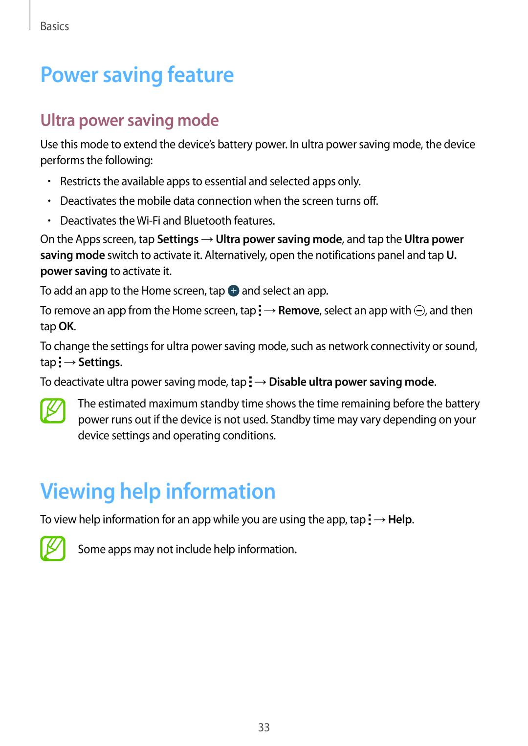 Samsung SM-G360HZSDXXV, SM-G360HZWDAFR manual Power saving feature, Viewing help information, Ultra power saving mode 