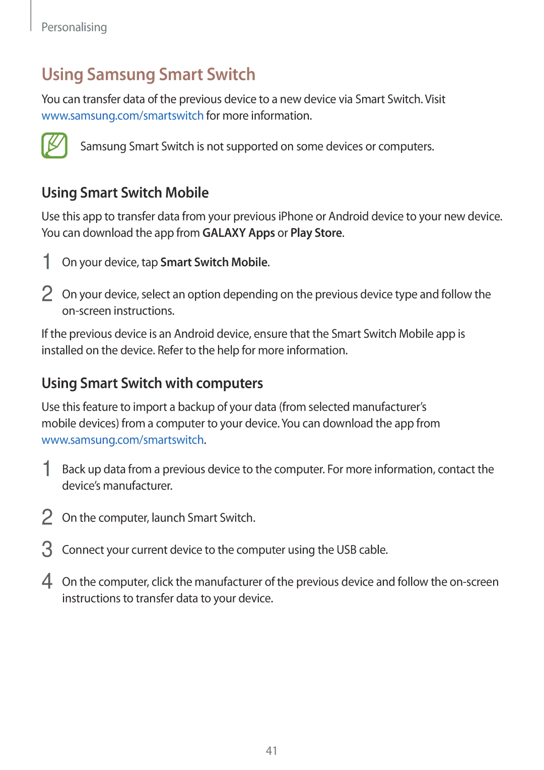 Samsung SM-G360HZSDEGY manual Using Samsung Smart Switch, Using Smart Switch Mobile, Using Smart Switch with computers 