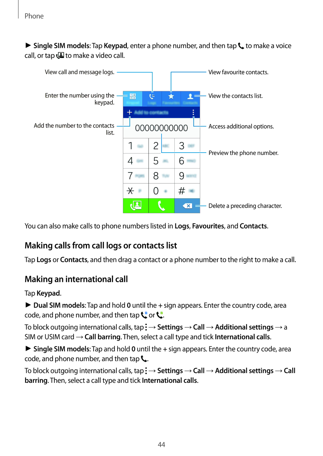 Samsung SM-G360HZWDTHR manual Making calls from call logs or contacts list, Making an international call, Tap Keypad 