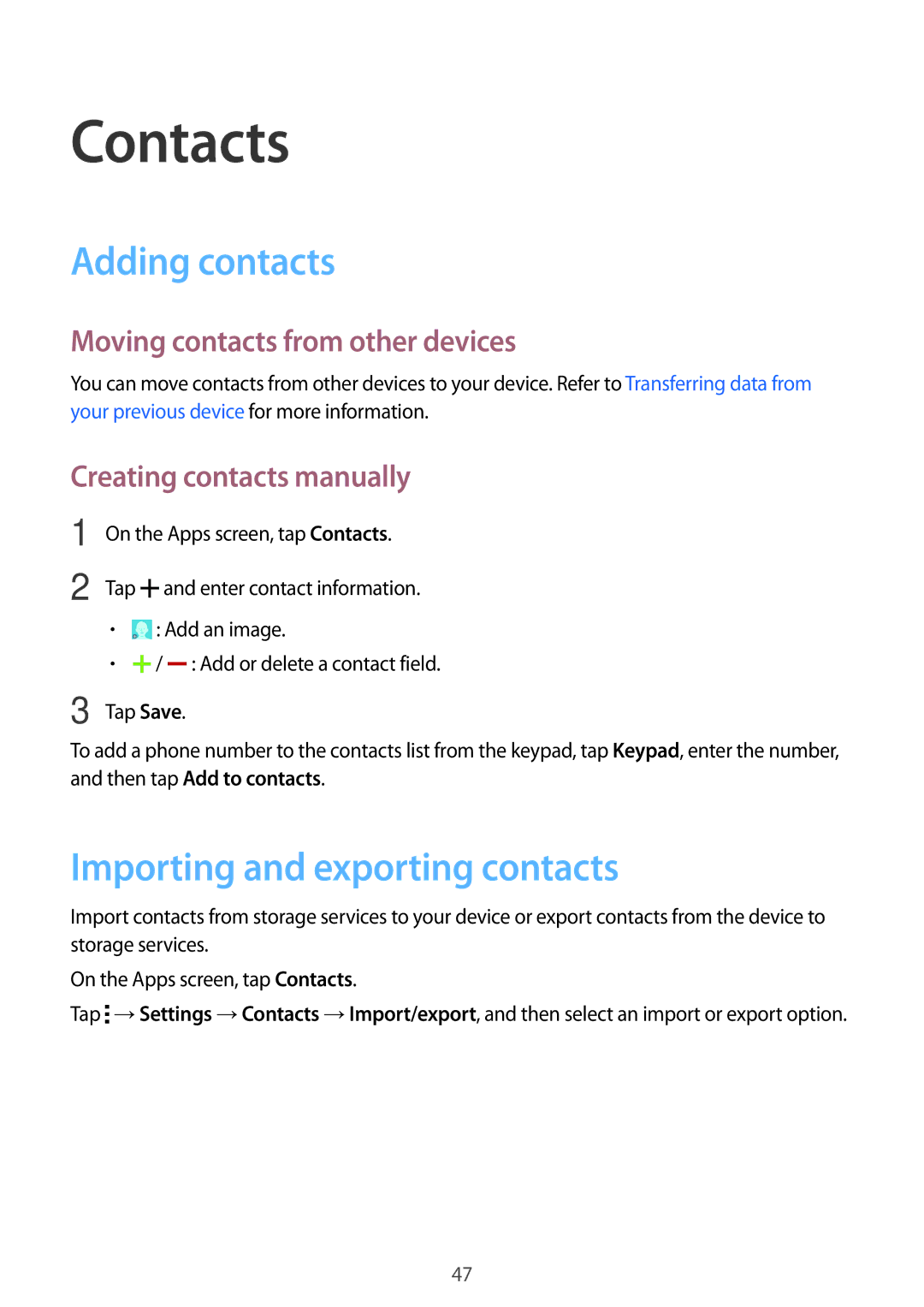 Samsung SM-G360HZSDXSG Contacts, Adding contacts, Importing and exporting contacts, Moving contacts from other devices 