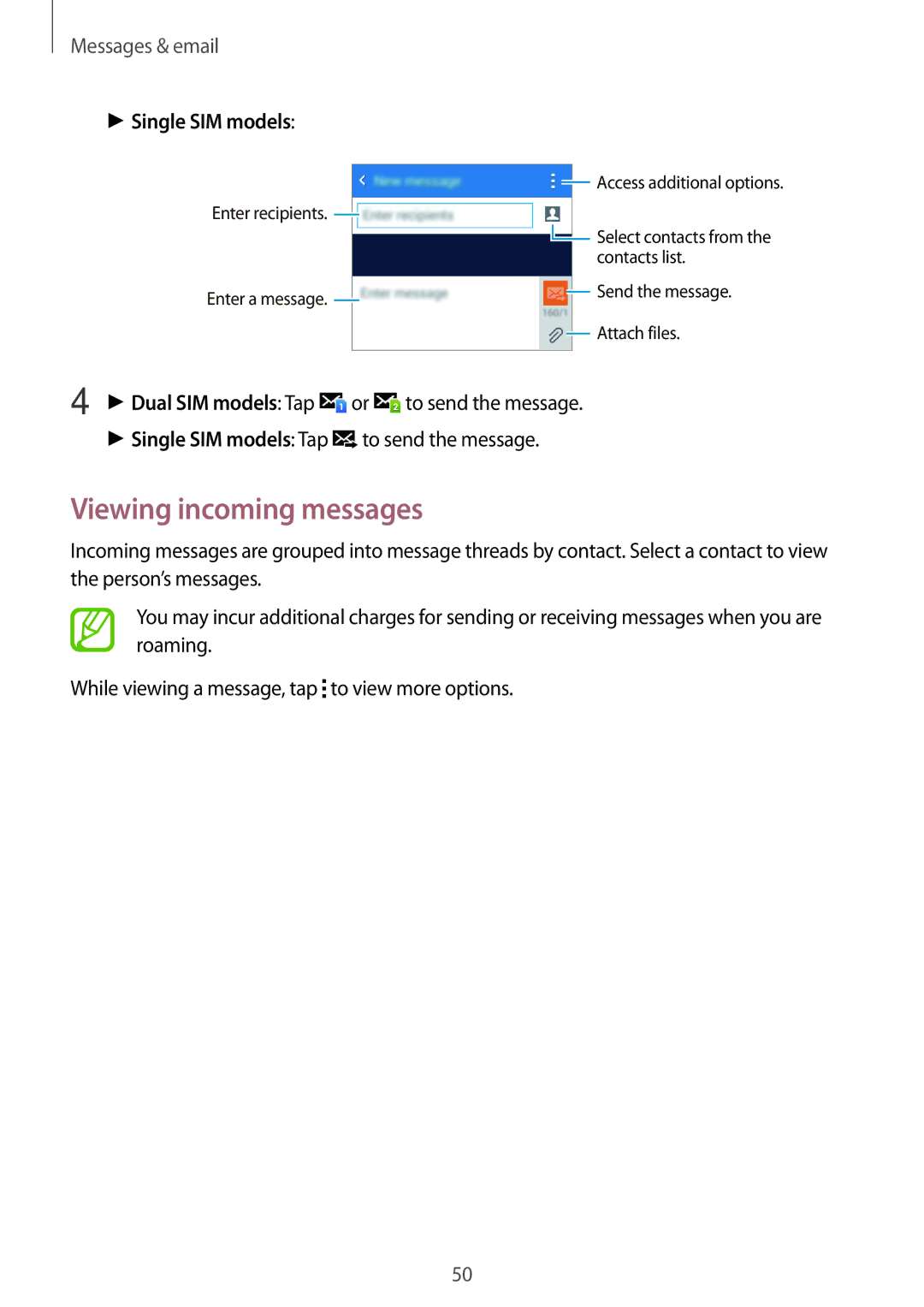 Samsung SM-G360HZSDXXV, SM-G360HZWDAFR, SM-G360HZSDKSA, SM-G360HZWDKSA manual Viewing incoming messages, Single SIM models 