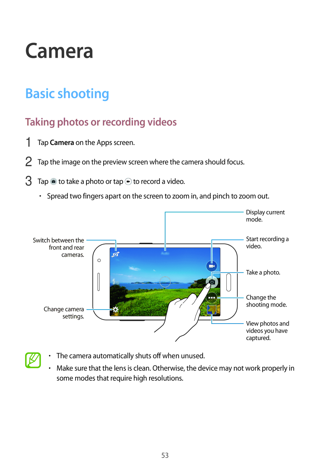 Samsung SM-G360HZWDKSA, SM-G360HZWDAFR, SM-G360HZSDKSA manual Camera, Basic shooting, Taking photos or recording videos 