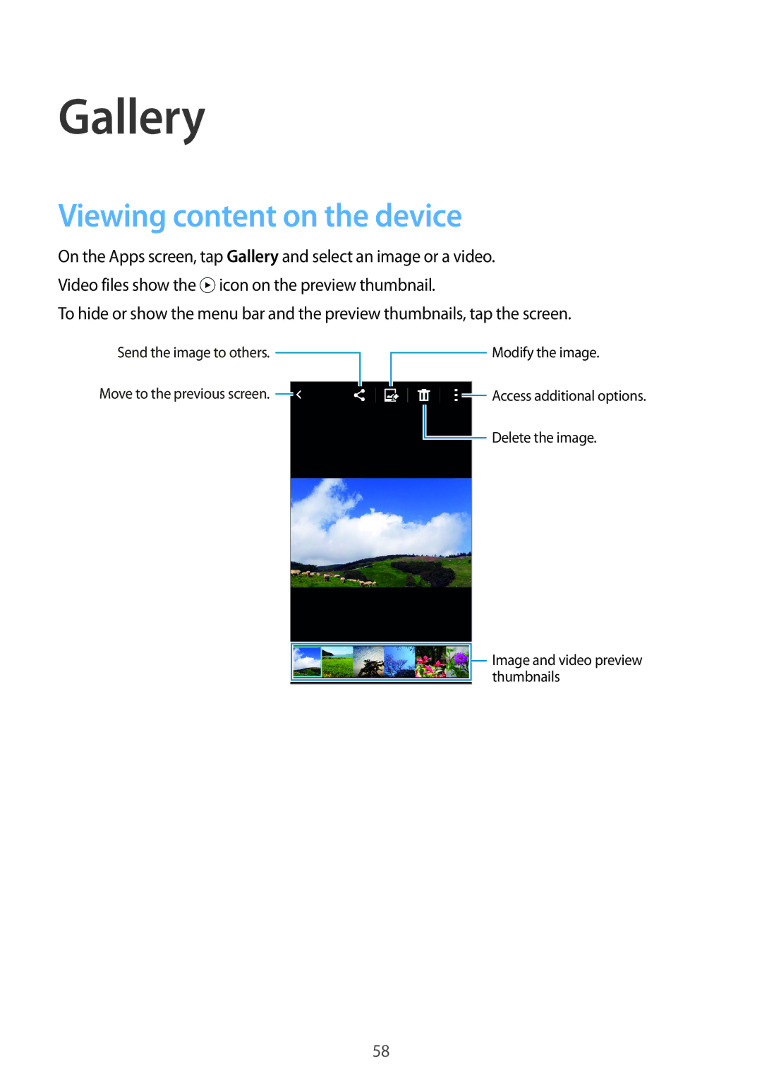 Samsung SM-G360HZSDEGY, SM-G360HZWDAFR, SM-G360HZSDKSA, SM-G360HZWDKSA, SM-G360HZWDXSG Gallery, Viewing content on the device 