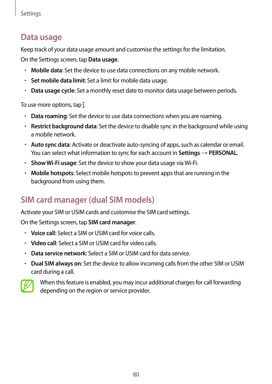 Samsung SM-G360HZSDTHR, SM-G360HZWDAFR, SM-G360HZSDKSA, SM-G360HZWDKSA manual Data usage, SIM card manager dual SIM models 