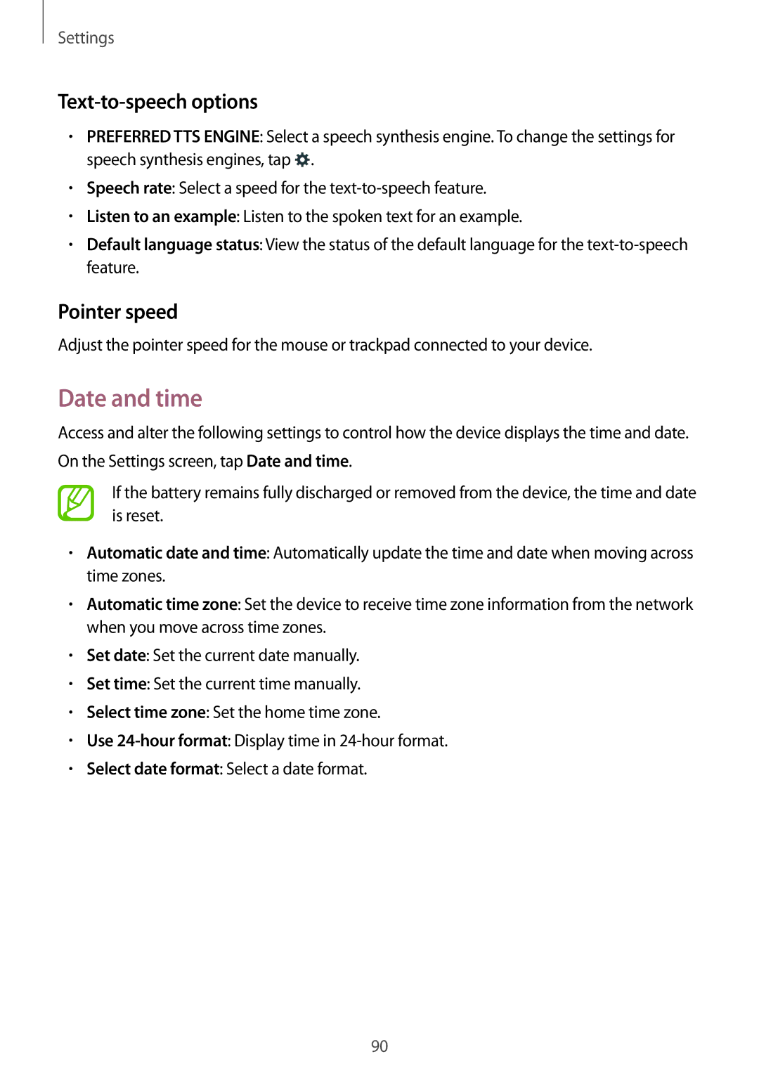 Samsung SM-G360HHADEGY, SM-G360HZWDAFR, SM-G360HZSDKSA, SM-G360HZWDKSA Date and time, Text-to-speech options, Pointer speed 
