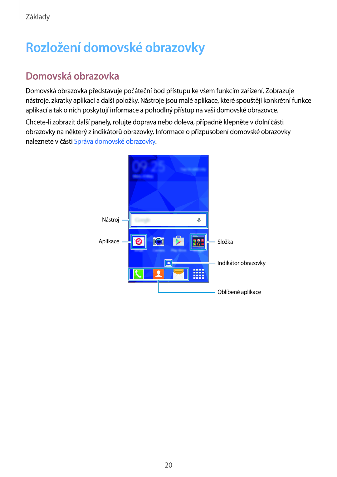 Samsung SM2G361FHAATMH, SM-G361FHAAEUR, SM-G361FZWAPLS, SM-G361FZSAXEO manual Rozložení domovské obrazovky, Domovská obrazovka 