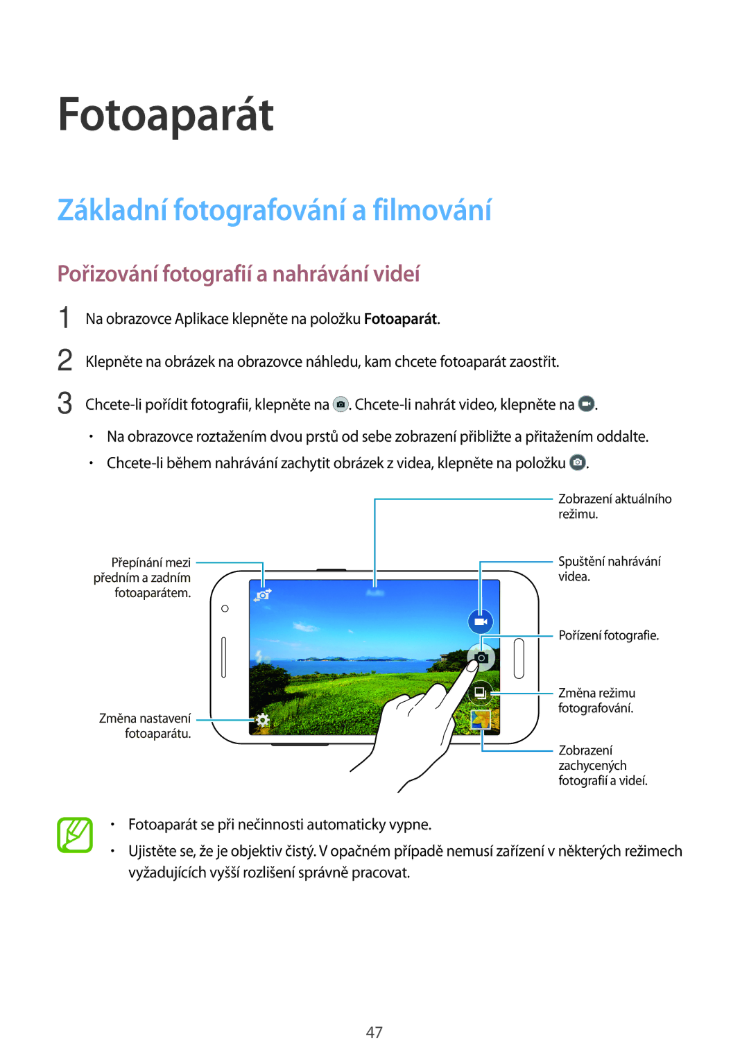 Samsung SM2G361FZWAPAN manual Fotoaparát, Základní fotografování a filmování, Pořizování fotografií a nahrávání videí 