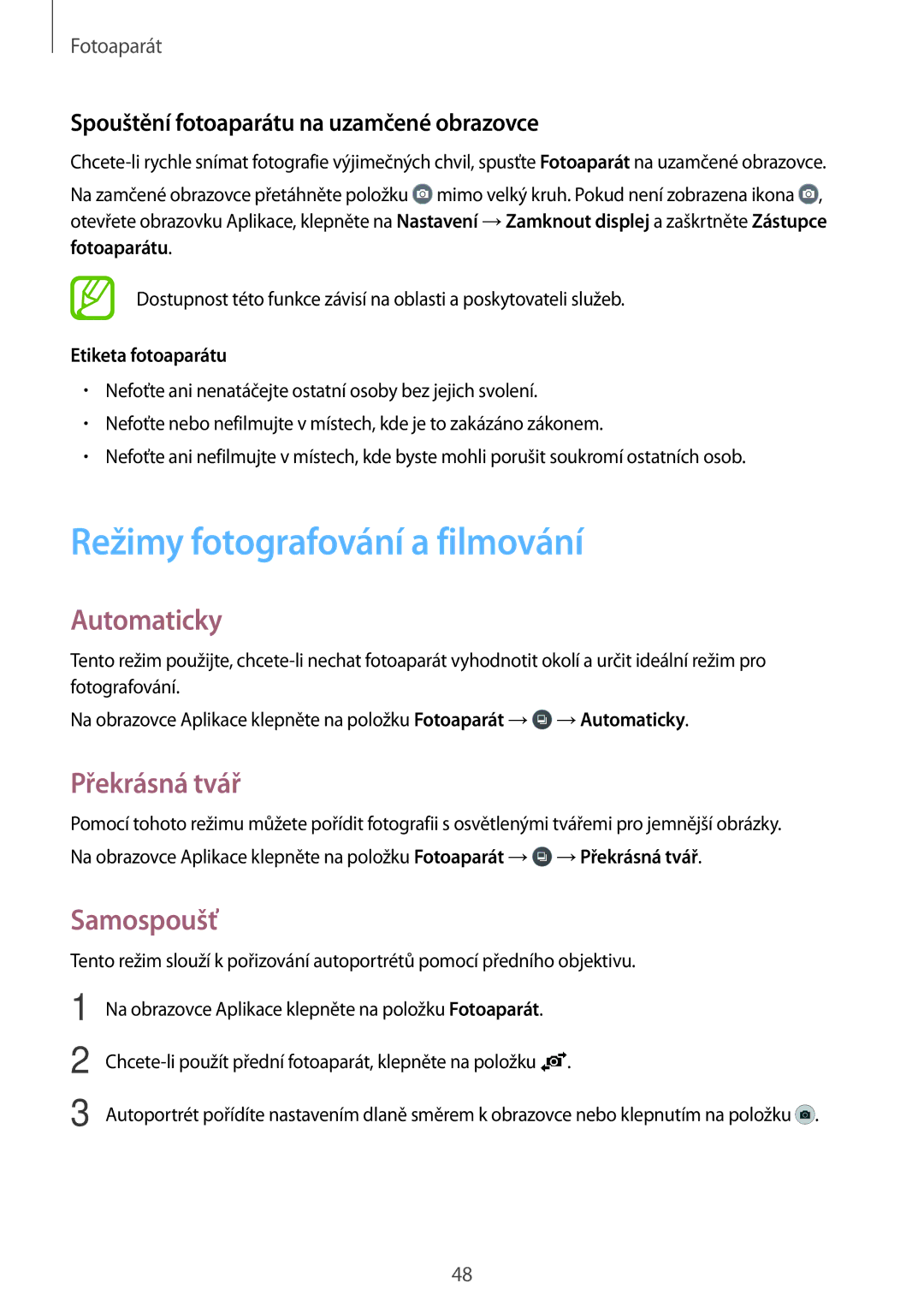 Samsung SM2G361FZWAETL, SM-G361FHAAEUR manual Režimy fotografování a filmování, Automaticky, Překrásná tvář, Samospoušť 