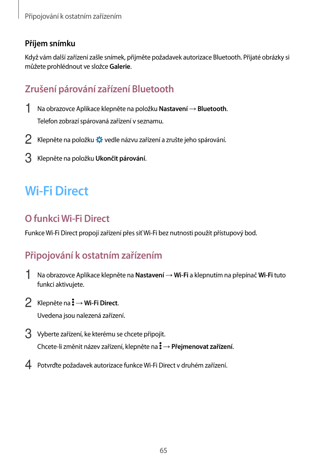 Samsung SM2G361FZSAETL Zrušení párování zařízení Bluetooth, Funkci Wi-Fi Direct, Připojování k ostatním zařízením 