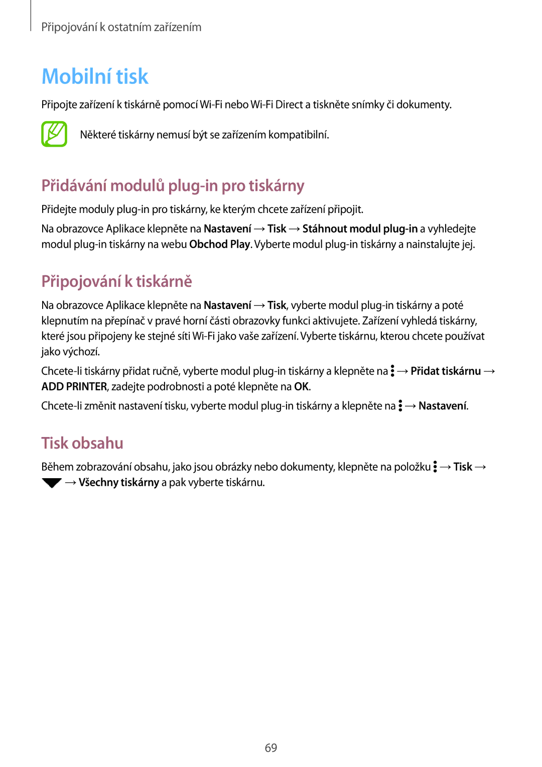 Samsung SM-G361FZSAETL manual Mobilní tisk, Přidávání modulů plug-in pro tiskárny, Připojování k tiskárně, Tisk obsahu 