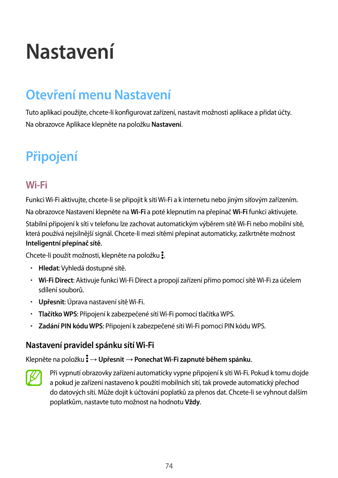 Samsung SM-G361FZWAO2C, SM-G361FHAAEUR Otevření menu Nastavení, Připojení, Nastavení pravidel spánku sítí Wi-Fi 