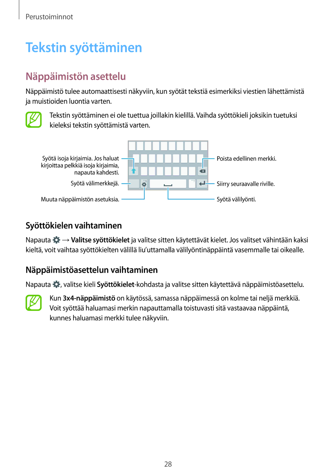 Samsung SM-G361FHAANEE, SM-G361FZWANEE manual Tekstin syöttäminen, Näppäimistön asettelu, Syöttökielen vaihtaminen 