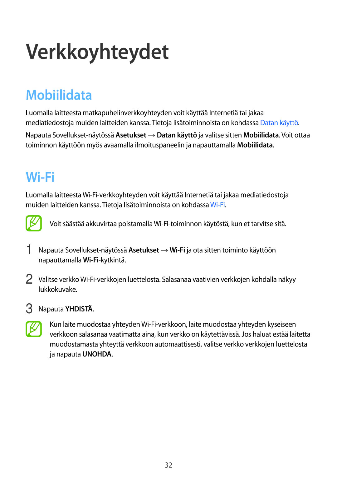 Samsung SM-G361FHAANEE, SM-G361FZWANEE manual Verkkoyhteydet, Mobiilidata, Wi-Fi 