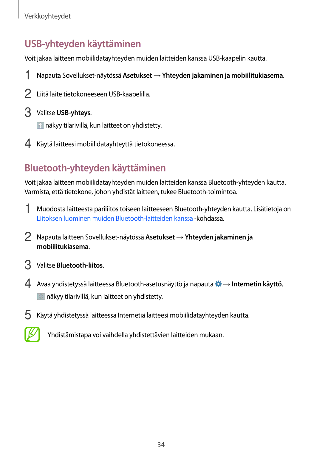 Samsung SM-G361FHAANEE, SM-G361FZWANEE manual USB-yhteyden käyttäminen, Bluetooth-yhteyden käyttäminen 