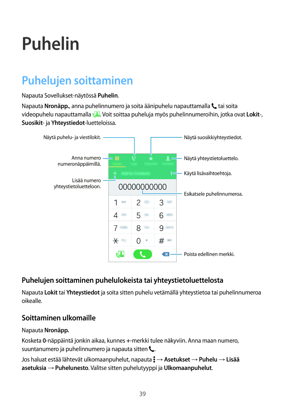 Samsung SM-G361FZWANEE, SM-G361FHAANEE manual Puhelin, Puhelujen soittaminen, Soittaminen ulkomaille 