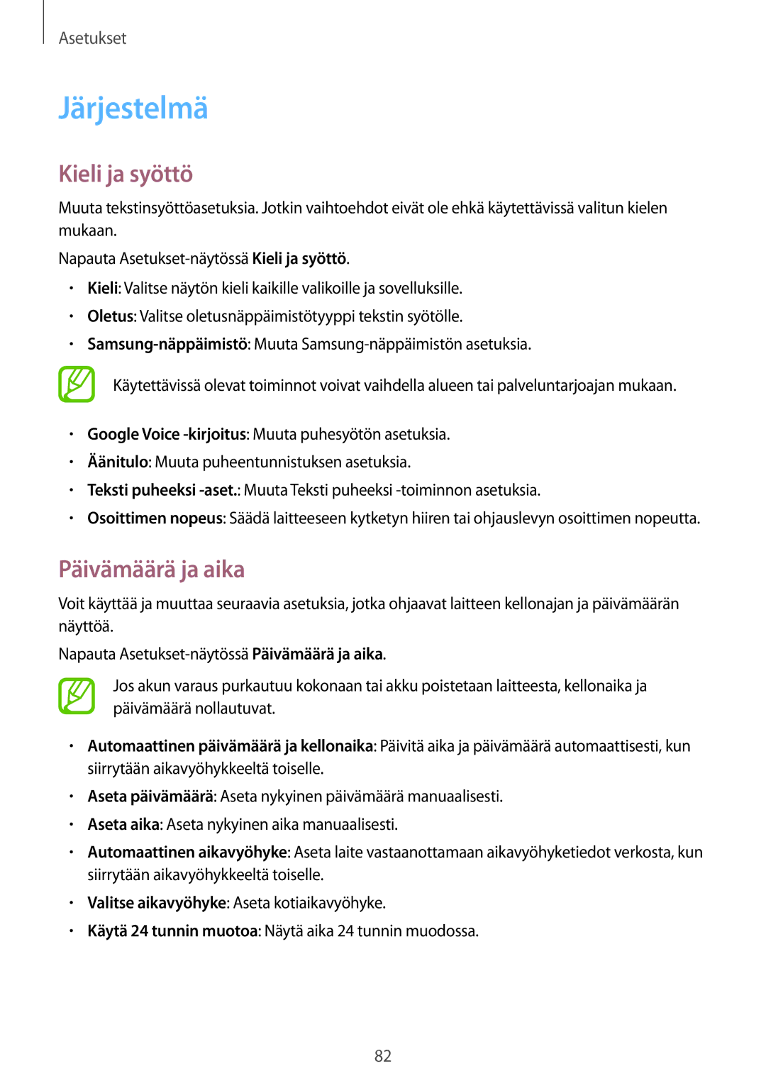 Samsung SM-G361FHAANEE, SM-G361FZWANEE manual Järjestelmä, Kieli ja syöttö, Päivämäärä ja aika 