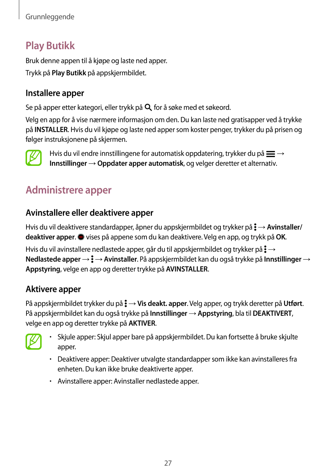 Samsung SM-G361FZWANEE manual Play Butikk, Administrere apper, Avinstallere eller deaktivere apper, Aktivere apper 