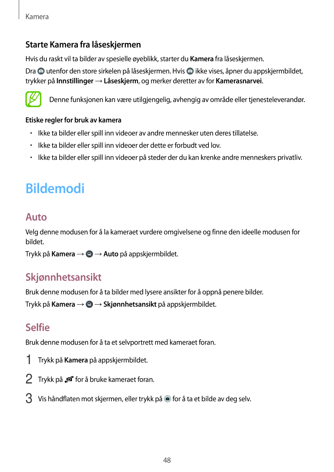 Samsung SM-G361FHAANEE, SM-G361FZWANEE manual Bildemodi, Auto, Skjønnhetsansikt, Selfie, Starte Kamera fra låseskjermen 