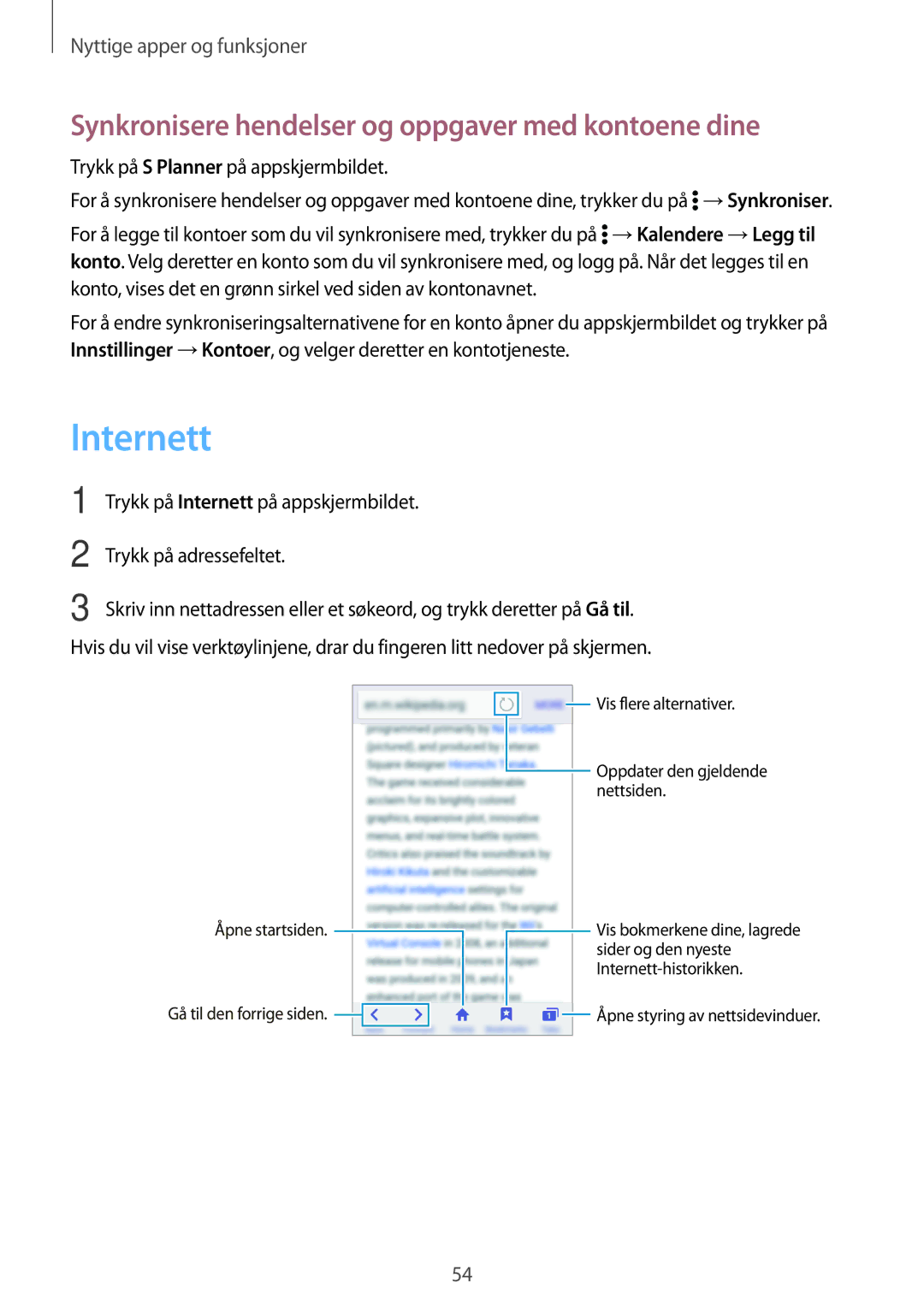 Samsung SM-G361FHAANEE, SM-G361FZWANEE manual Internett, Synkronisere hendelser og oppgaver med kontoene dine 