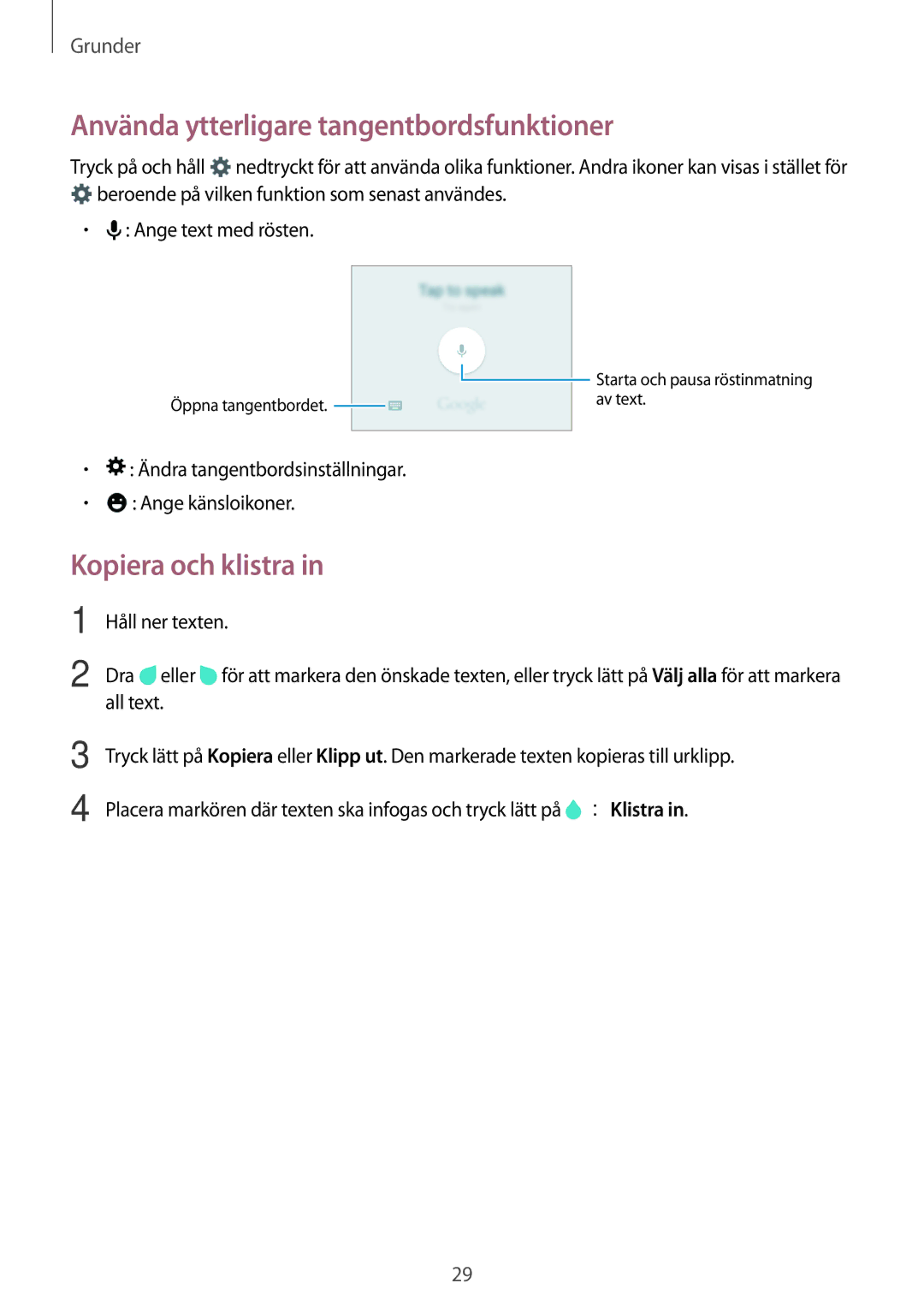 Samsung SM-G361FZWANEE, SM-G361FHAANEE manual Använda ytterligare tangentbordsfunktioner, Kopiera och klistra 